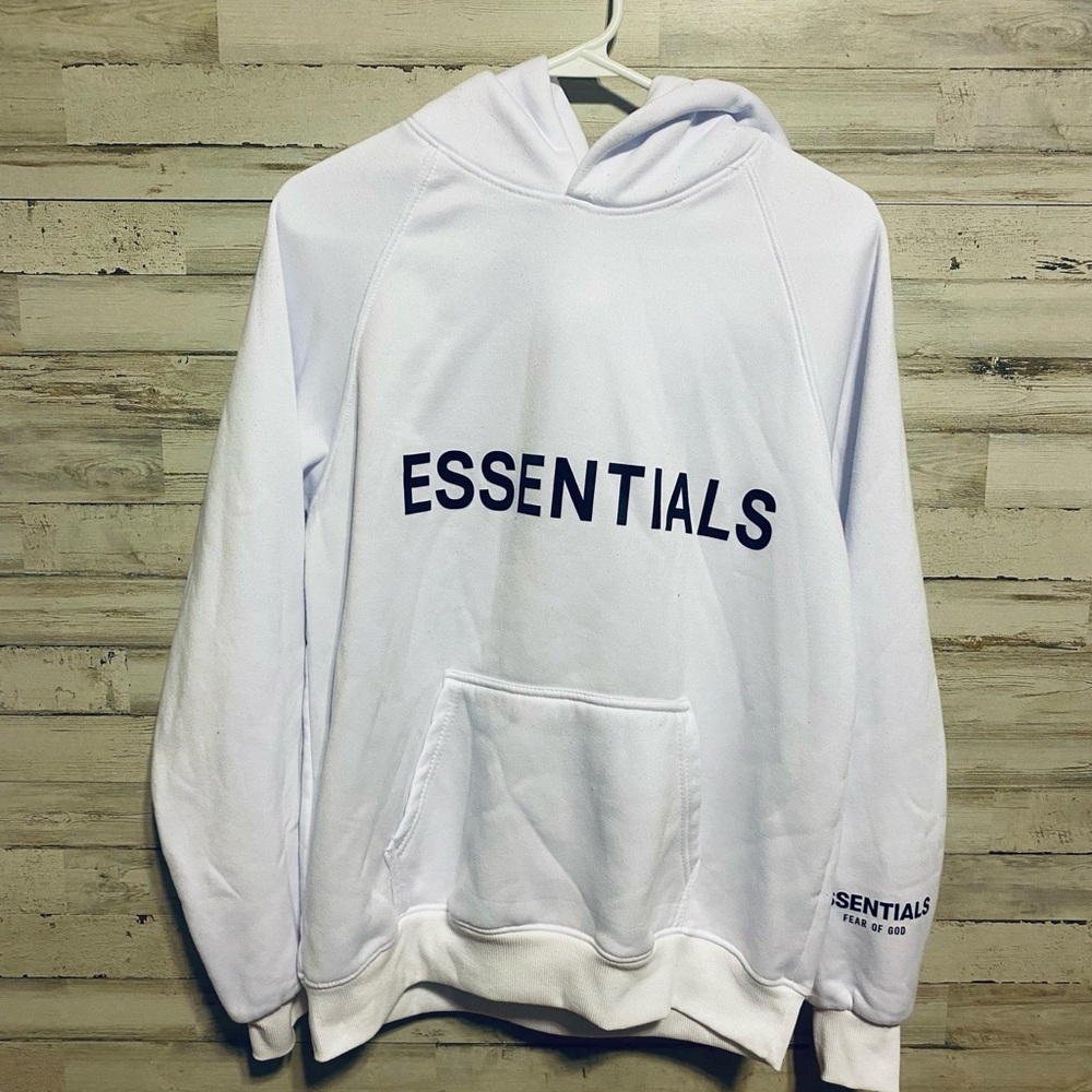Essentials White Hoodie with Black Lettering